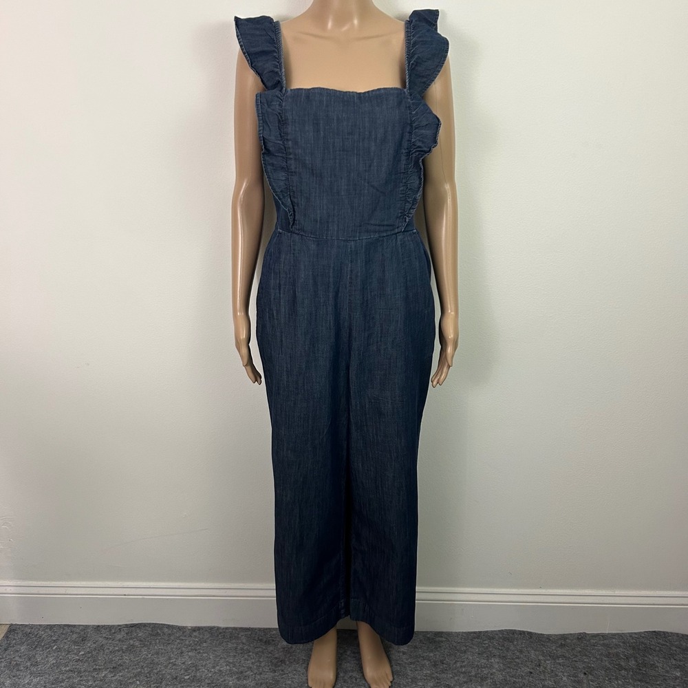 NEW Gap Womens Dark Wash Denim Ruffle Strap Wide Leg Jumpsuit Size 8 Square Neck